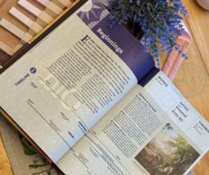 Open Bible showing the “Beginnings” section from the Chronological Life Application Study Bible with florals and farmhouse decor