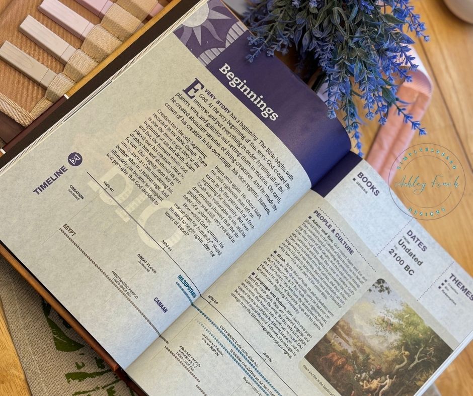 Open Bible showing the “Beginnings” section from the Chronological Life Application Study Bible with florals and farmhouse decor