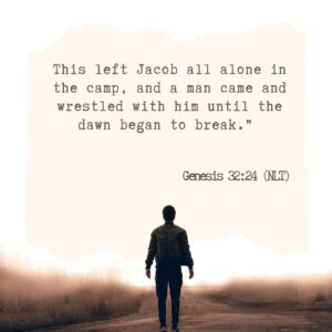 Jacob wrestles with God, represents struggle and surrender.