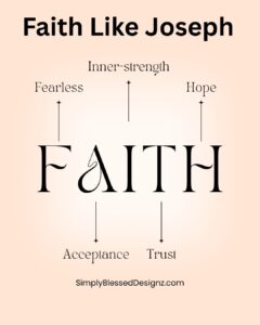 Graphic that says “Faith Like Joseph” with the word FAITH illustrated using traits like fearless, hope, trust, acceptance, and inner-strength. Encouragement to have faith like Joseph even in hard times.