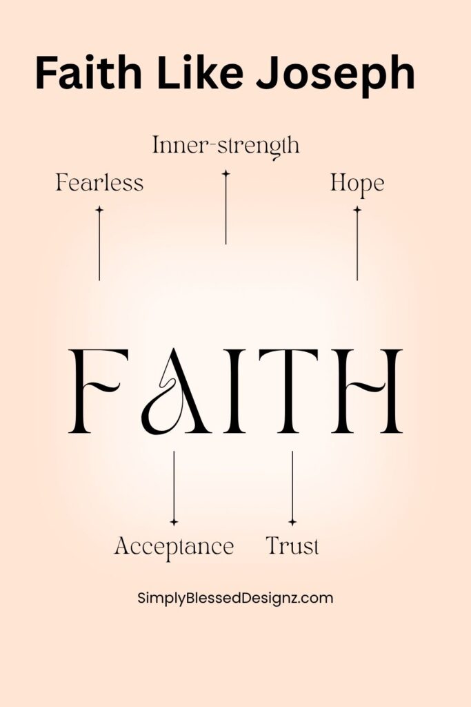 Graphic that says “Faith Like Joseph” with the word FAITH illustrated using traits like fearless, hope, trust, acceptance, and inner-strength. Encouragement to have faith like Joseph even in hard times.