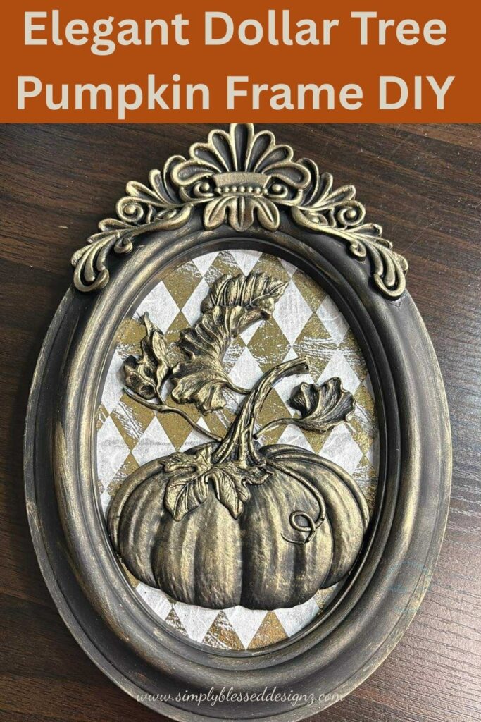Elegant Dollar Tree pumpkin frame DIY with black matte paint, gold harlequin rice paper, resin pumpkins, and white gold metallic wax on an oval frame.