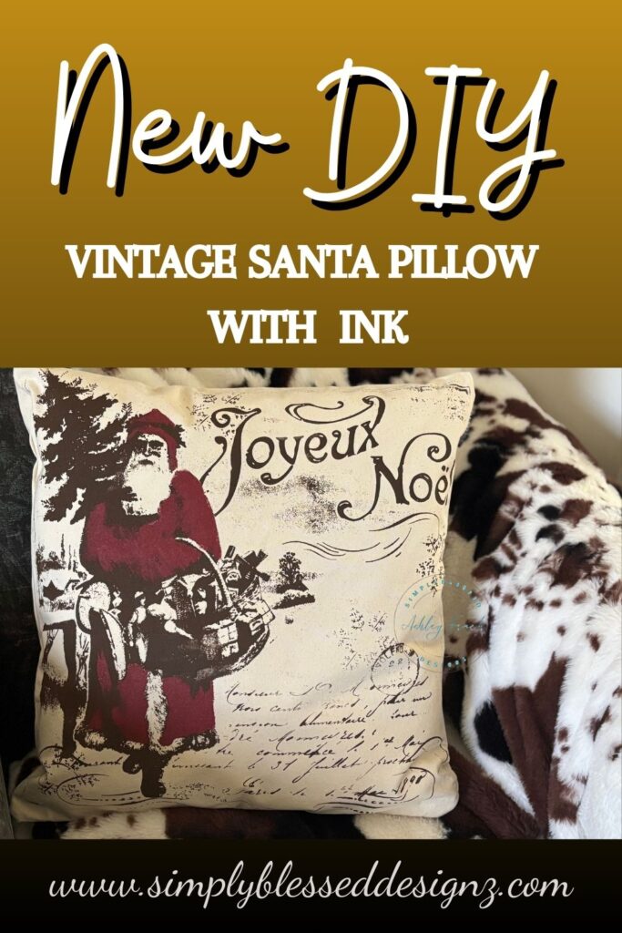 DIY joyeux noel pillow case featuring a vintage Santa inked on canvas in Espresso with a copper-kissed burgundy coat; cozy farmhouse Christmas decor.