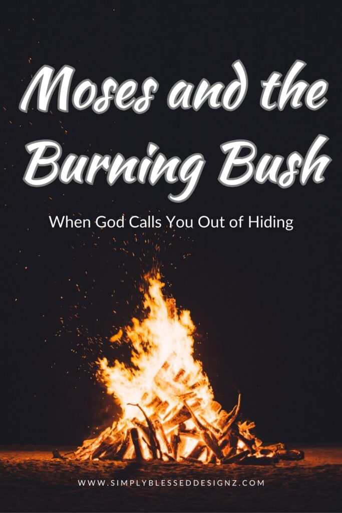 Illustration of Moses and the burning bush in the desert, Bible story from Exodus 3, God calling Moses on holy ground.