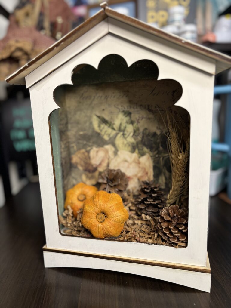 Shadow box fall craft kit with pumpkins, pinecones, wheat, and filler