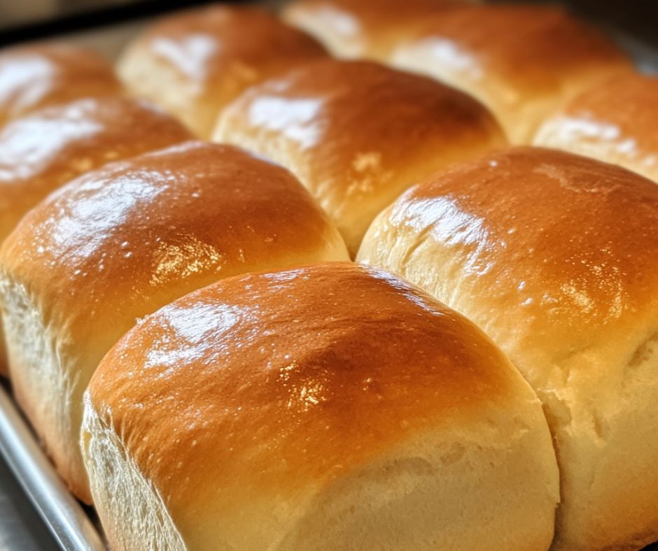 Freshly baked golden brown yeast rolls brushed with butter, cooling in a pan, soft and fluffy just like Grandma’s homemade rolls.
