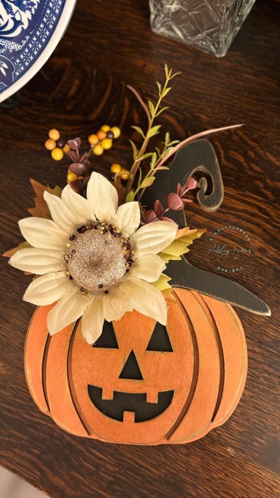 Jack-O-Lantern pumpkin kit with sunflower topper and farmhouse accents