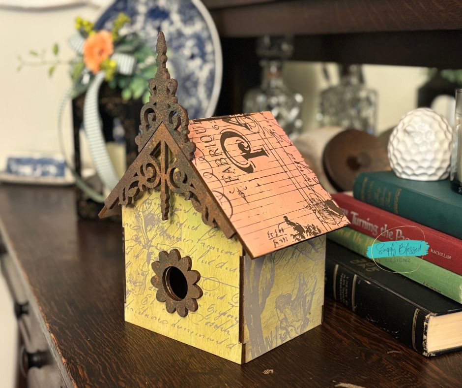 Chalked birdhouse fall craft kit with transfer design and rust finish steeple