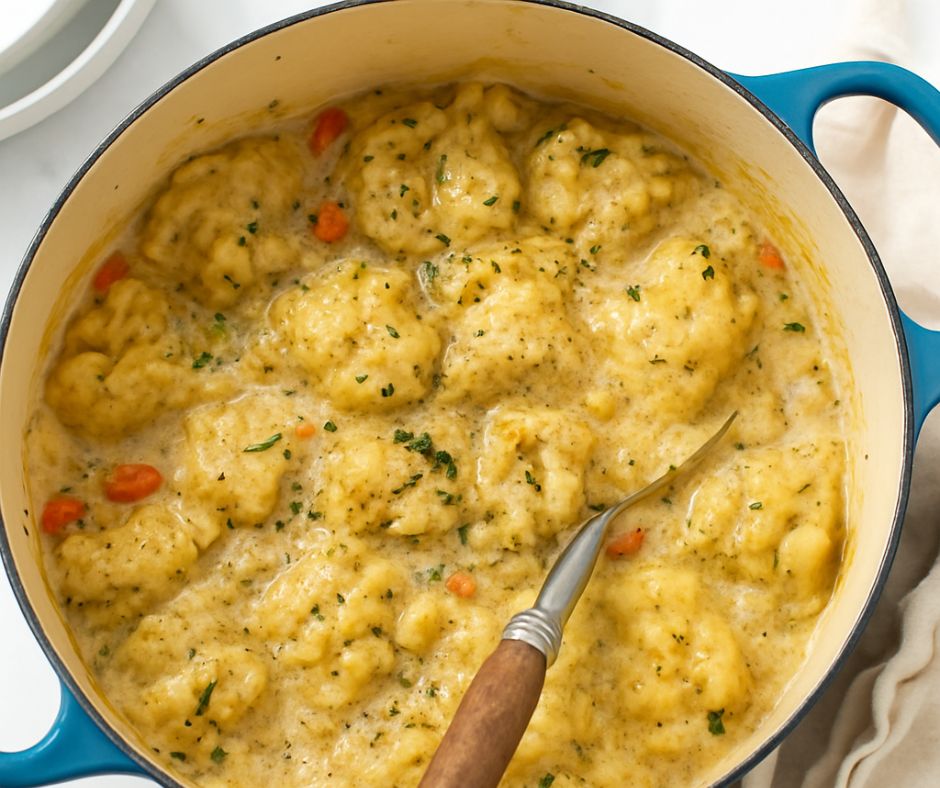 Creamy homemade chicken and dumplins in a blue Dutch oven, topped with thyme and cracked pepper, sitting on a farmhouse table.