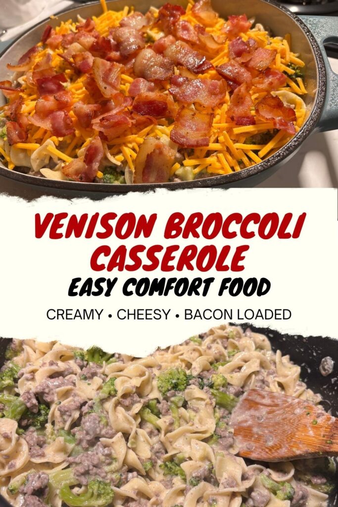 Venison broccoli casserole with egg noodles, cheddar cheese, and crispy bacon baked in a creamy sauce.