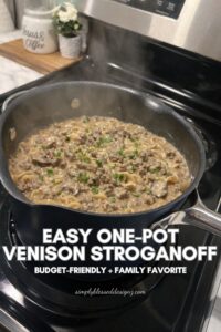 easy one-pot venison stroganoff made with ground deer cooking in a saucepan on the stovetop
