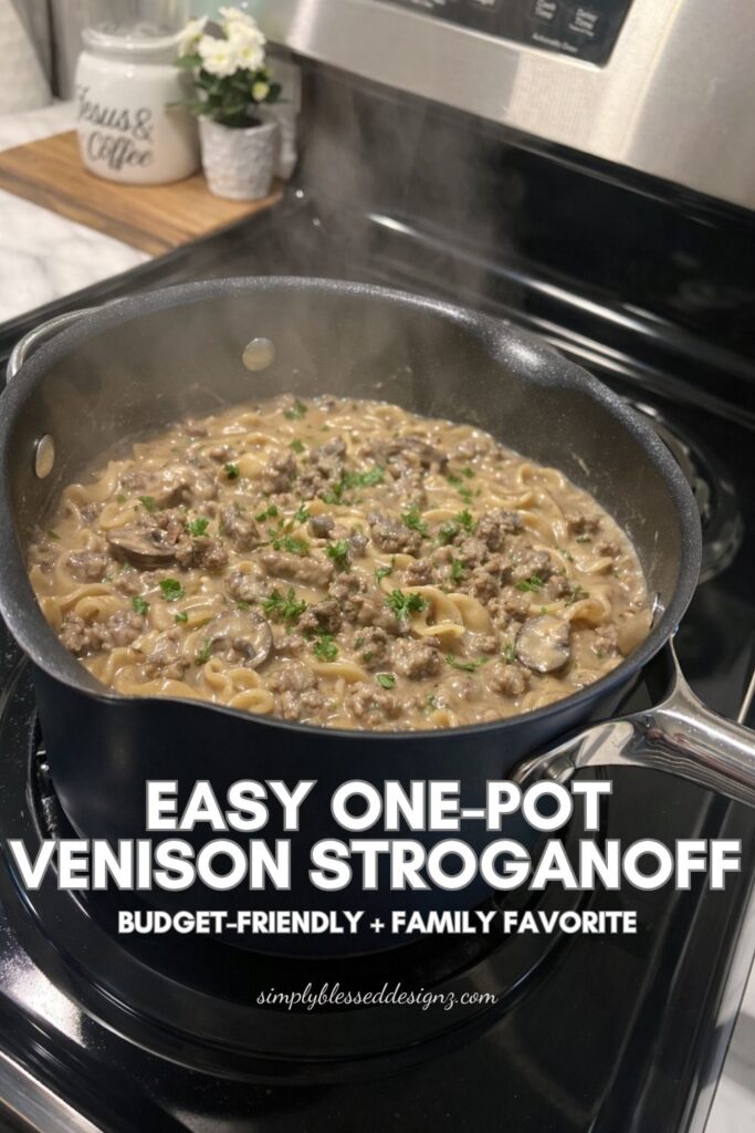 easy one-pot venison stroganoff made with ground deer cooking in a saucepan on the stovetop