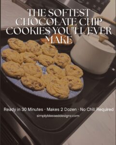 Soft homemade chocolate chip cookies stacked on a blue and white plate